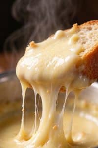 Macro close-up of melted gruyere cheese fondue pulling in long, stretchy strands over a crusty bread cube.