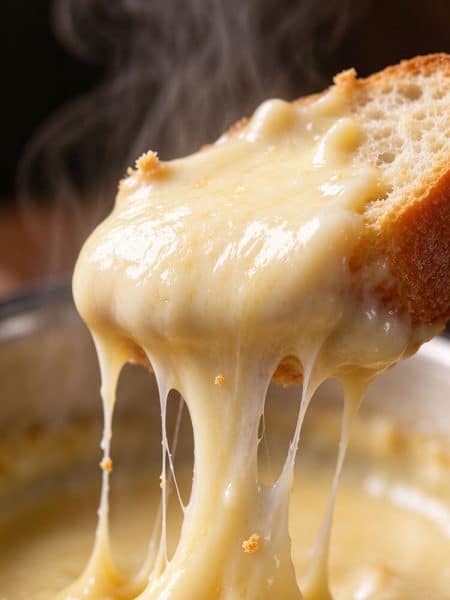 Macro close-up of melted gruyere cheese fondue pulling in long, stretchy strands over a crusty bread cube.