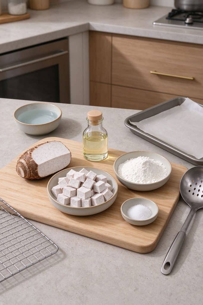 Overhead flat lay of fried taro ingredients including raw taro cubes, all-purpose flour, granulated sugar, cooking oil, and water on a wooden board.