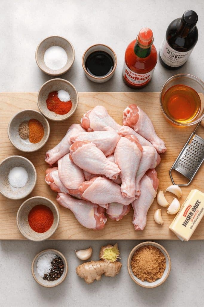 Overhead flat lay of sweet and spicy wings ingredients including raw chicken wings, hot sauce, honey, brown sugar, baking powder, smoked paprika, garlic powder, and fresh ginger.