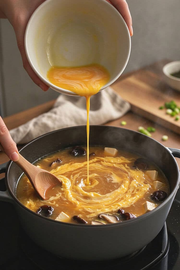 Beaten raw egg pouring in a thin golden stream from a ceramic bowl into gently swirling hot broth, forming delicate feathery egg ribbons