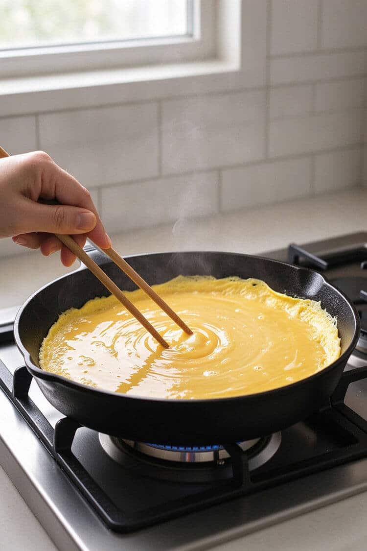 Wooden chopsticks gently swirling liquid egg in small circles over foamy melted butter in a black skillet on a blue flame stove