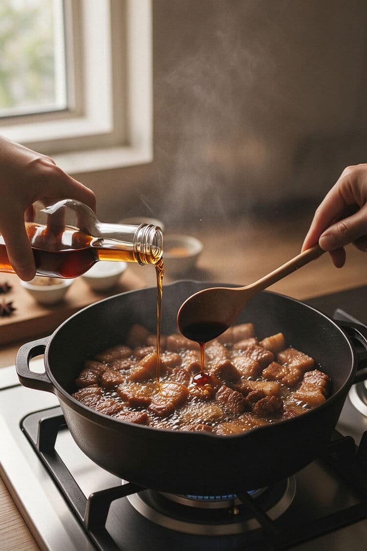 Pouring Shaoxing rice wine and dark soy sauce from a glass bottle into a simmering skillet of browned pork belly pieces.