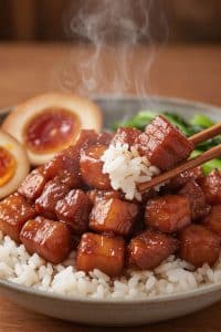 Close-up view of wooden chopsticks holding a tender, glistening cube of braised pork belly with grains of white rice over a steaming Lu Rou Fan bowl with soft-yolk egg.