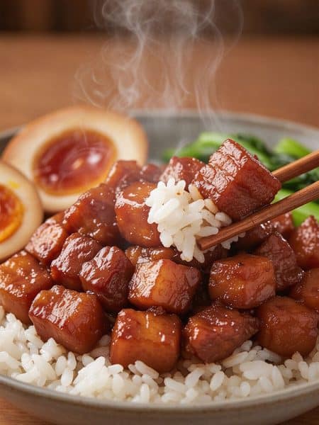 Close-up view of wooden chopsticks holding a tender, glistening cube of braised pork belly with grains of white rice over a steaming Lu Rou Fan bowl with soft-yolk egg.