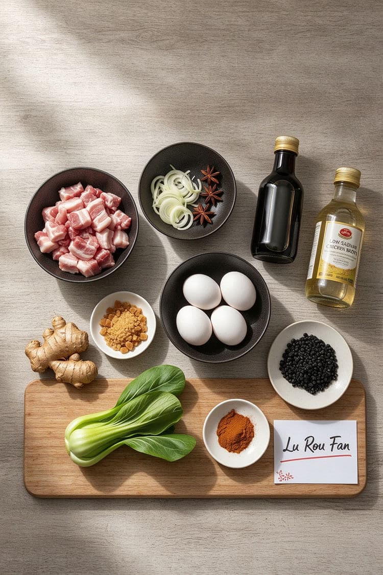 Overhead flatlay view of fresh skin-on pork belly cubes, sliced shallots, star anise, soy sauce, chicken broth, eggs, rock sugar, fresh ginger, bok choy, and five spice powder on a light wooden countertop.