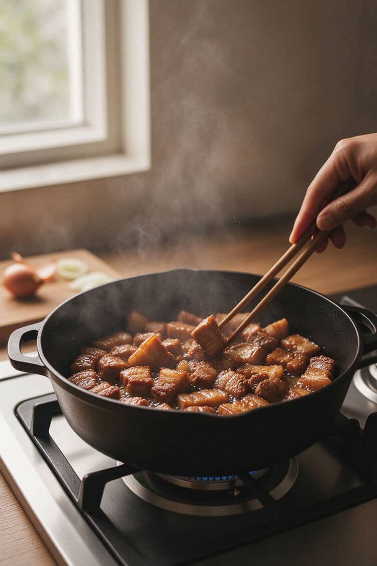 Diced skin-on pork belly cubes searing and rendering fat in a cast iron pot over stovetop heat, handled with wooden chopsticks.