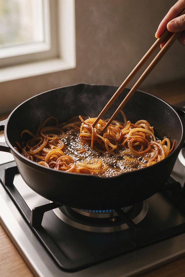 Thinly sliced shallots frying to a golden caramel brown in hot oil inside a black cast iron pot on a gas stovetop, stirred with wooden chopsticks.
