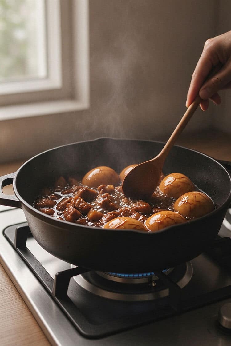Steaming black pot on a gas flame filled with simmering diced pork belly and glossy amber hard-boiled eggs in rich soy braising sauce, stirred with a wooden spoon.