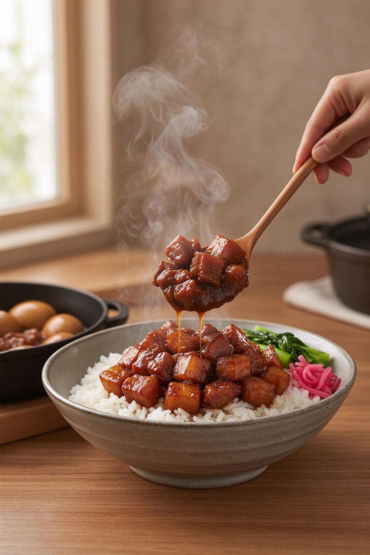 Wooden spoon drizzling glossy, syrupy braised pork belly cubes and savory dark sauce over a warm bowl of steamed white rice with greens and pickled radish.