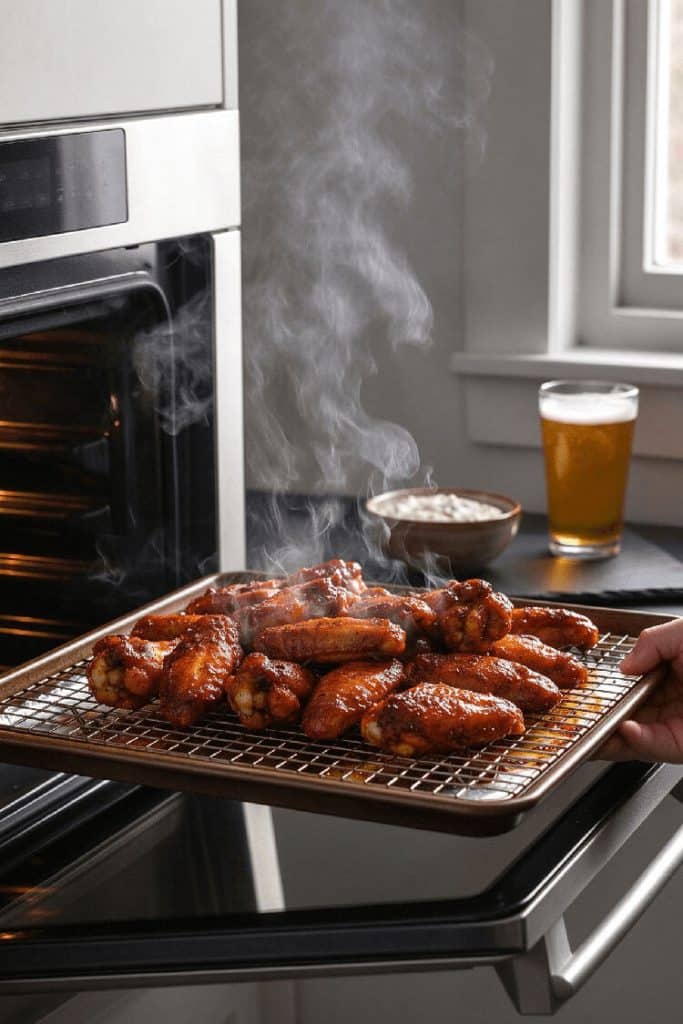 Freshly baked and broiled sweet and spicy chicken wings being pulled hot from the oven with oven mitts on a wire baking sheet.