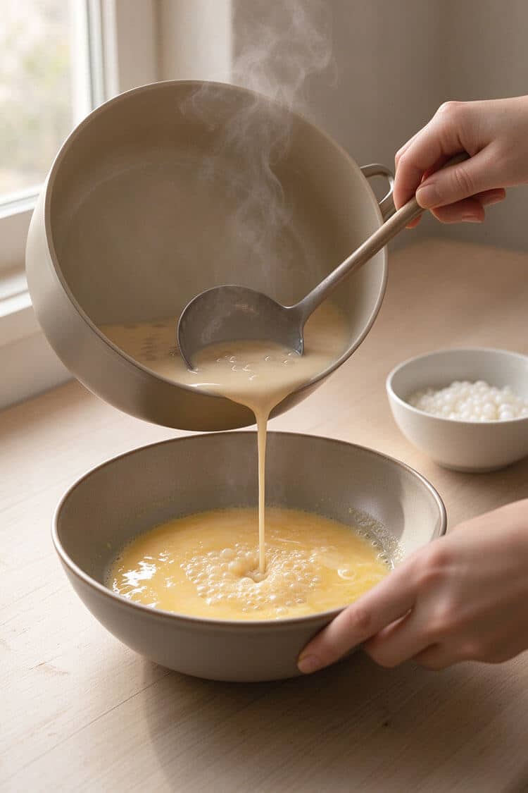 Ladling warm milk and tapioca mixture into the whisked eggs to temper the custard smoothly without scrambling.