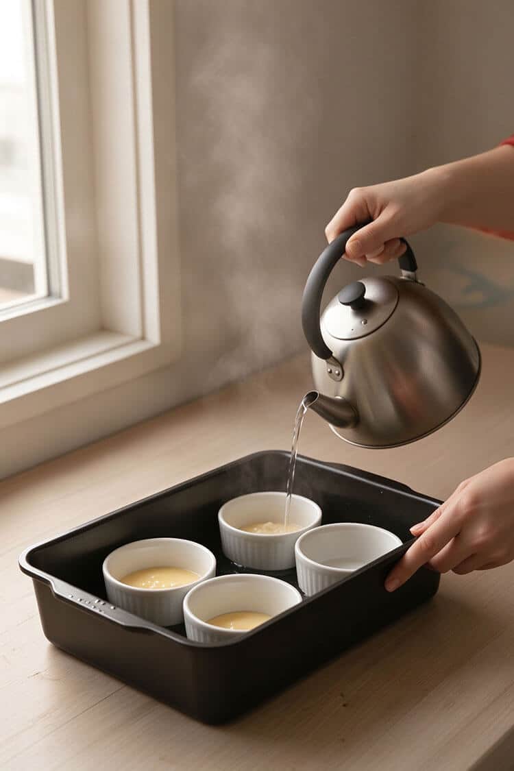 Pouring hot steaming water from a stainless steel kettle into a dark roasting pan around white ceramic ramekins filled with tapioca pudding batter.