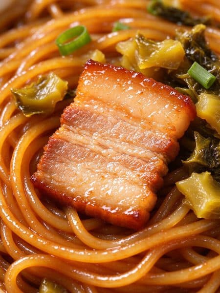 Extreme close up of a glossy tender pork belly slice resting over savory noodles and pickled greens.