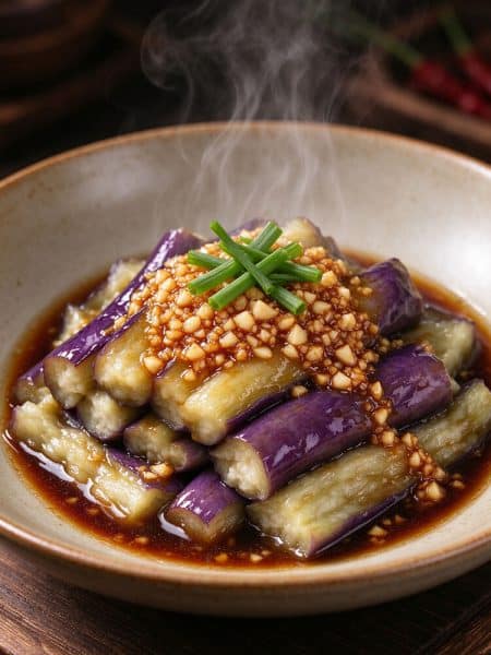 Close-up shot of tender cooked eggplant smothered in glossy minced garlic sauce with steam rising.