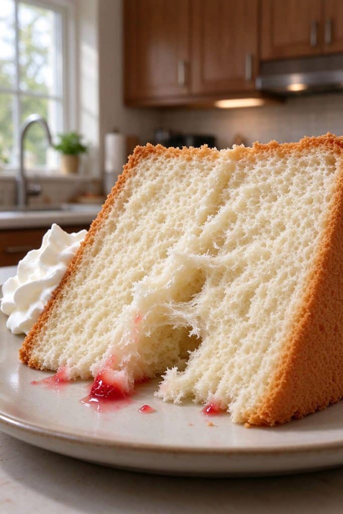 Close-up texture shot of a slice of angel food cake torn open to reveal its tender, pillowy, cotton-like white crumb structure.
