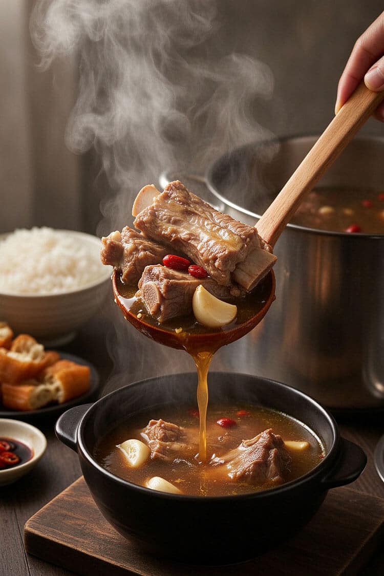 A wooden ladle lifting succulent, fall-apart tender pork spare ribs and a soft garlic clove above a steaming bowl of dark herbal soup