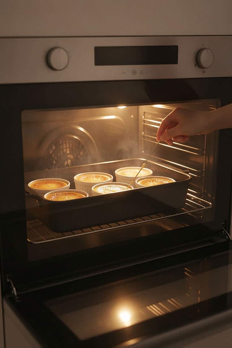 Hand testing the doneness of golden-topped baked tapioca pudding ramekins inside an illuminated oven with a metal cake tester in a water bath pan.