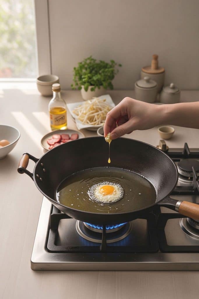 Testing oil temperature in a black carbon steel wok on a gas flame by dropping a spot of beaten egg into sizzling oil.