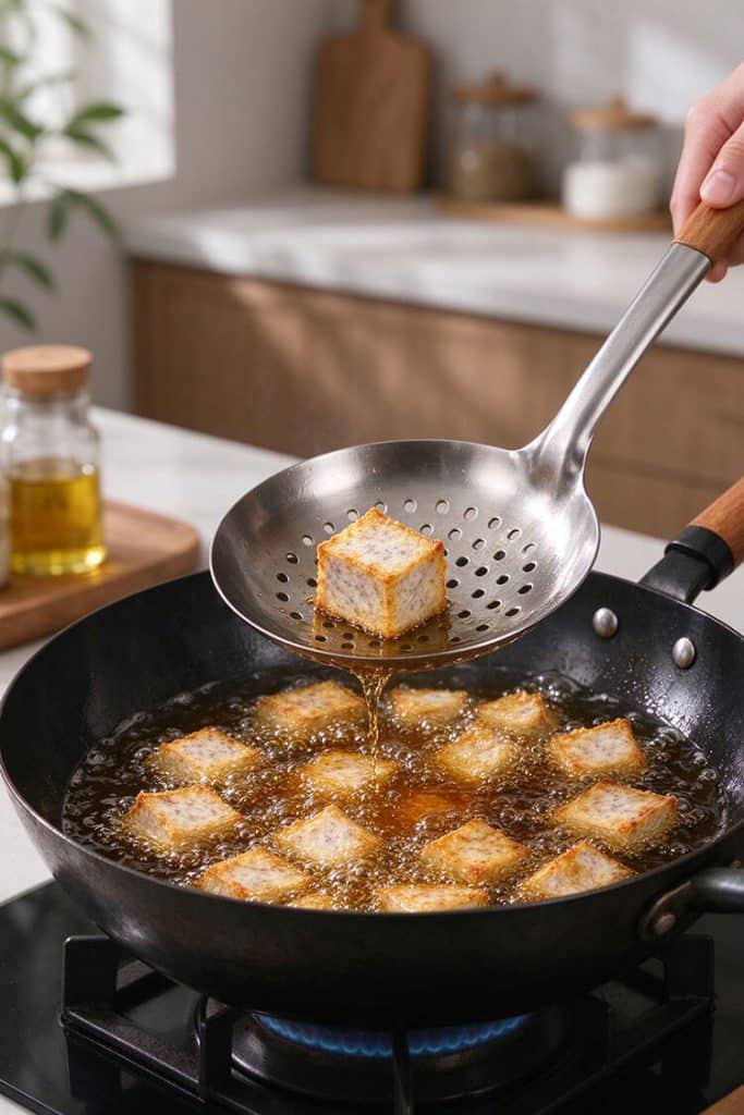 Lowering a test taro piece into hot cooking oil with a skimmer over a blue gas flame to check temperature.