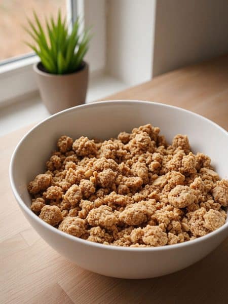 Close-up view of a large white bowl filled with finished, textured pea-sized oat and brown sugar crumble clusters resting on a wooden tabletop