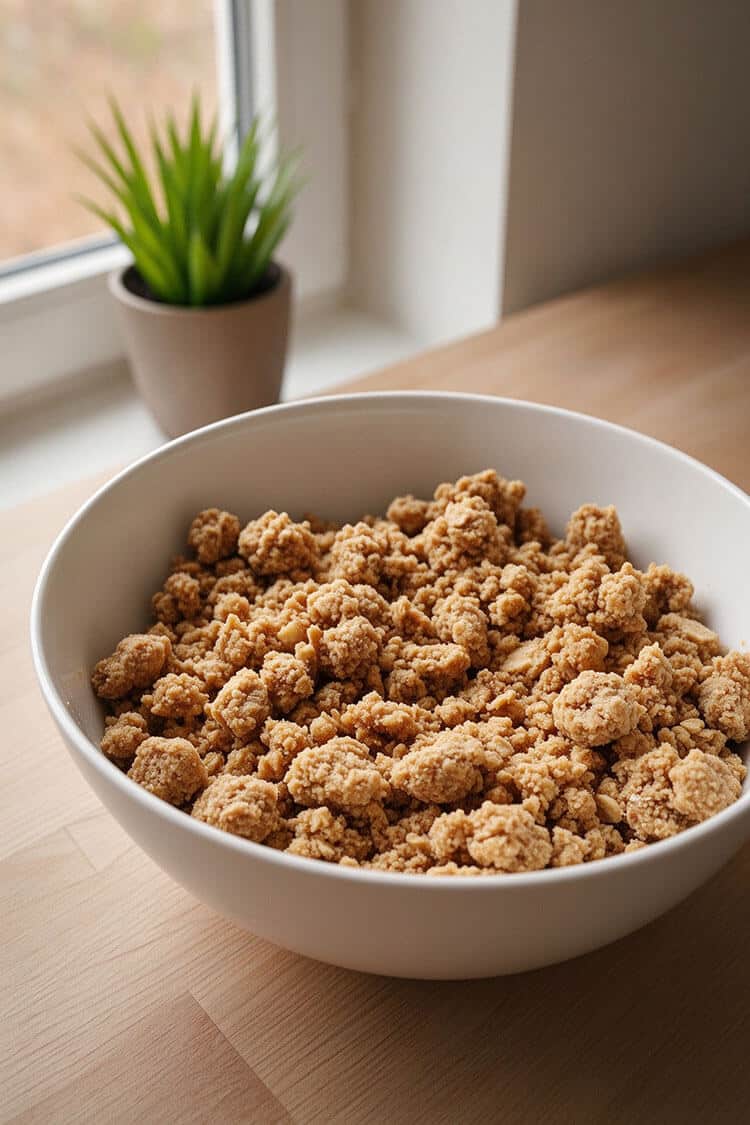 Close-up view of a large white bowl filled with finished, textured pea-sized oat and brown sugar crumble clusters resting on a wooden tabletop