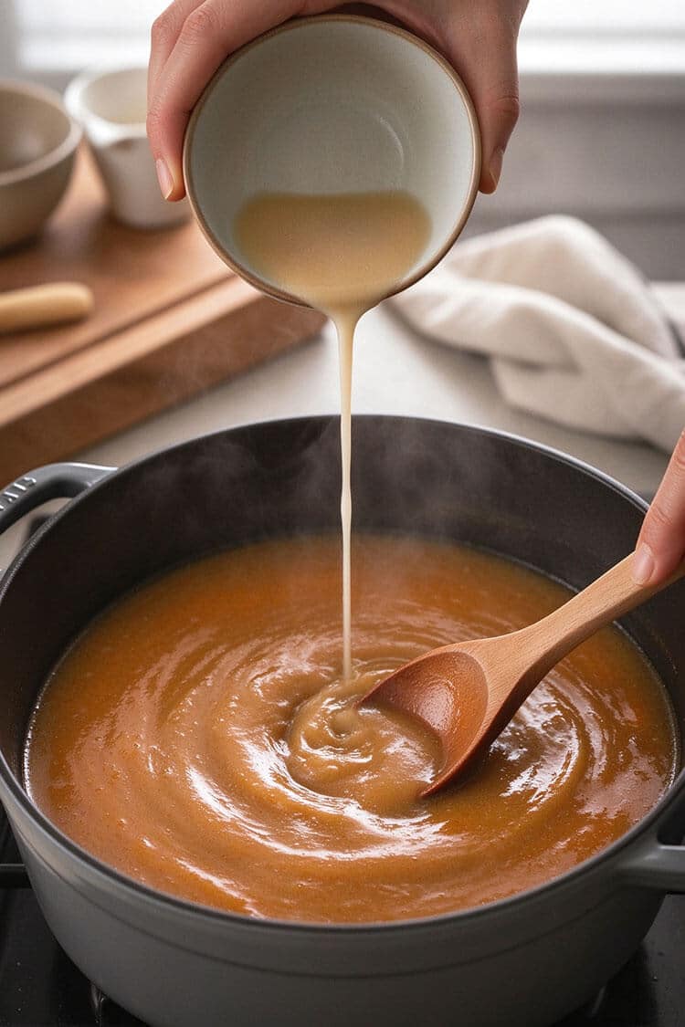 Pouring a creamy white cornstarch slurry into a pot of simmering amber soup while stirring with a wooden spoon to create a thick glossy glaze