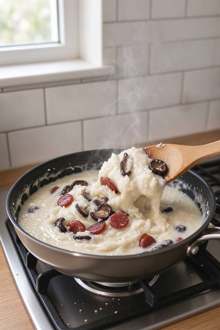 Stirring and thickening the combined daikon, rice flour batter, Chinese sausage, and mushrooms in a pan until it forms a heavy paste.