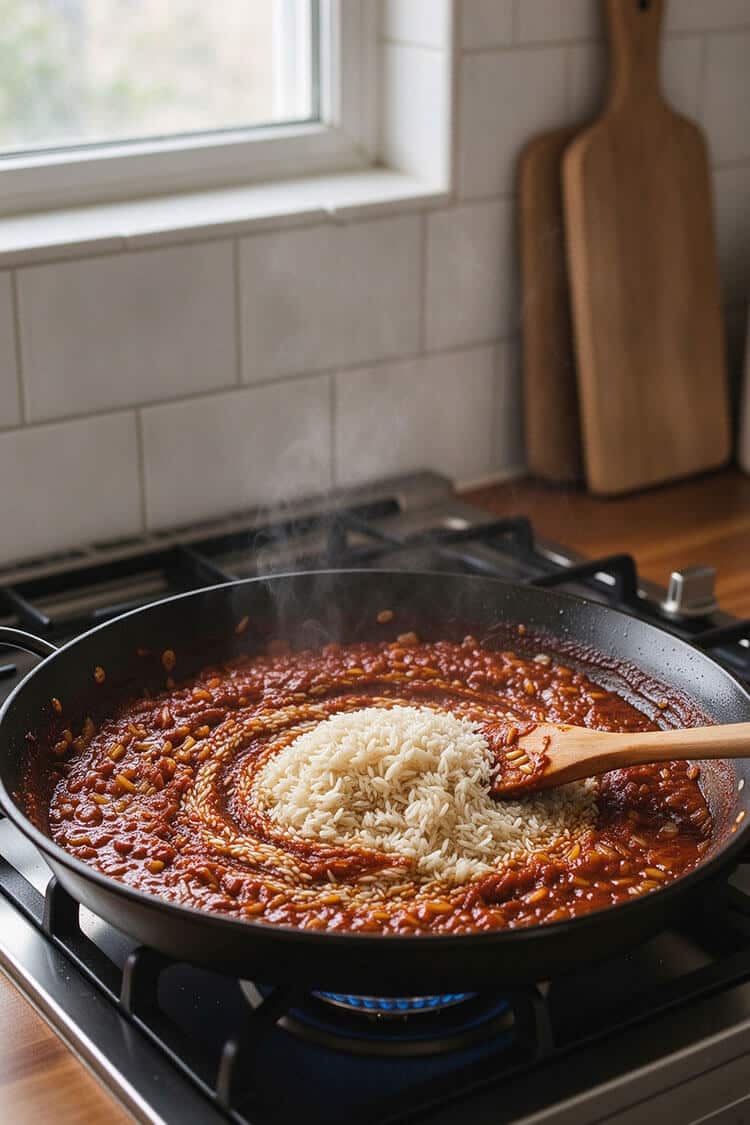 A mound of raw short-grain Bomba rice being stirred and coated into the rich red tomato sofrito in a wide paella pan over a blue gas flame
