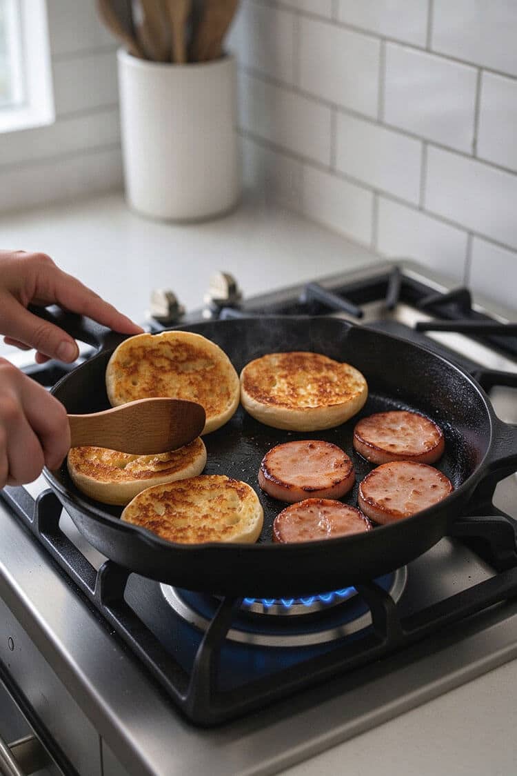 Toasting golden, crispy English muffin halves with a wooden spatula alongside searing Canadian bacon slices in a seasoned black cast iron skillet on a gas range