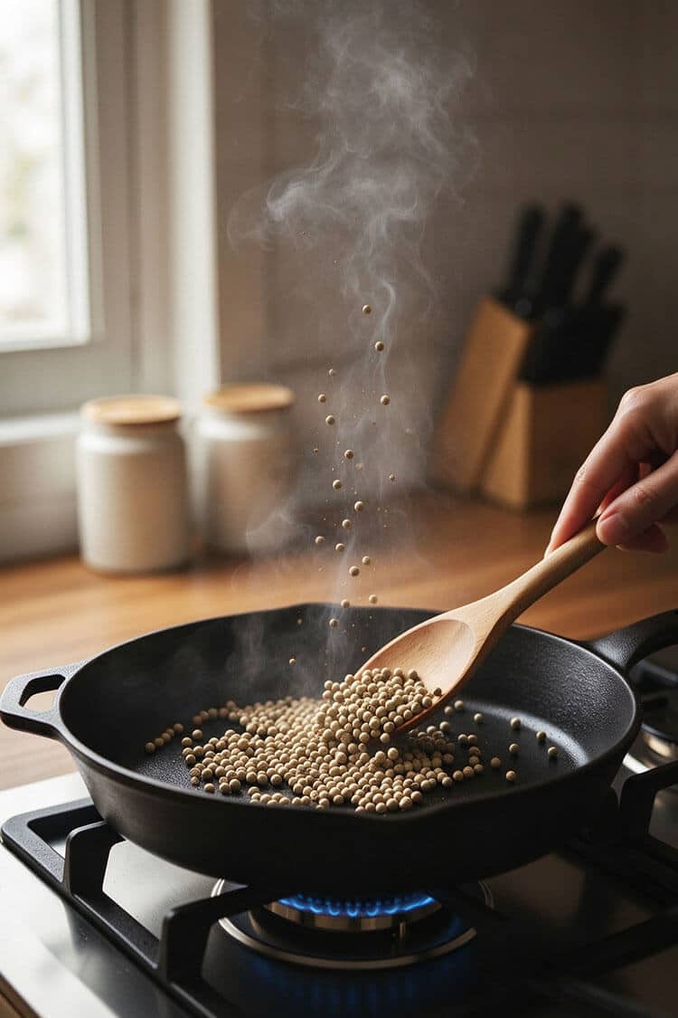 A wooden spoon stirring cracked white peppercorns in a dry black cast iron skillet with aromatic white smoke rising over a gas burner