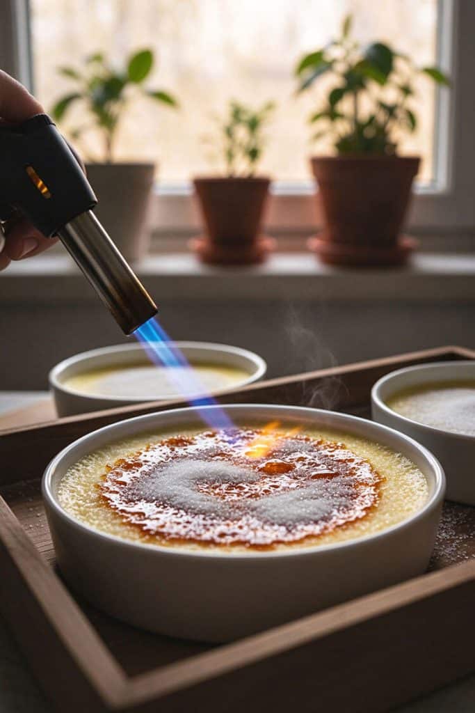 Caramelizing a layer of granulated sugar on top of chilled custard using a culinary blowtorch until amber and crisp.