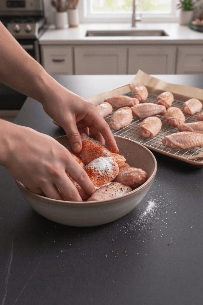 Tossing raw chicken wings with baking powder, smoked paprika, garlic powder, and cayenne pepper in a white ceramic mixing bowl.