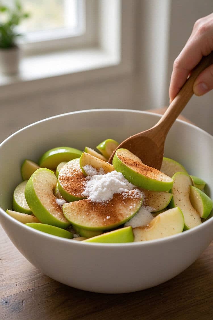 A wooden spoon stirring freshly sliced green Granny Smith apples tossed with granulated sugar, cornstarch, and ground cinnamon in a large white mixing bowl