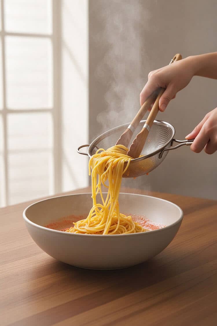 Wooden tongs lifting steaming hot spaghetti noodles from a metal mesh strainer directly into a large bowl of pink mentaiko butter sauce on a wooden table