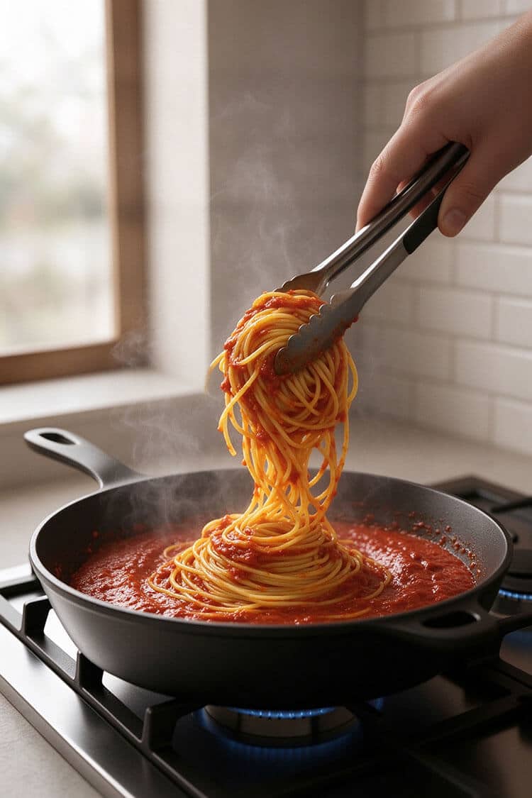 Metal tongs lifting and swirling steaming spaghetti noodles coated in rich, thick red tomato sauce inside a simmering black skillet on a stovetop