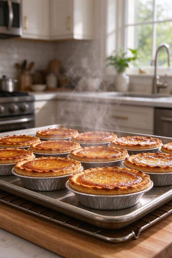 Steaming golden baked coconut tarts in foil tins resting on a cooling rack by a kitchen window.