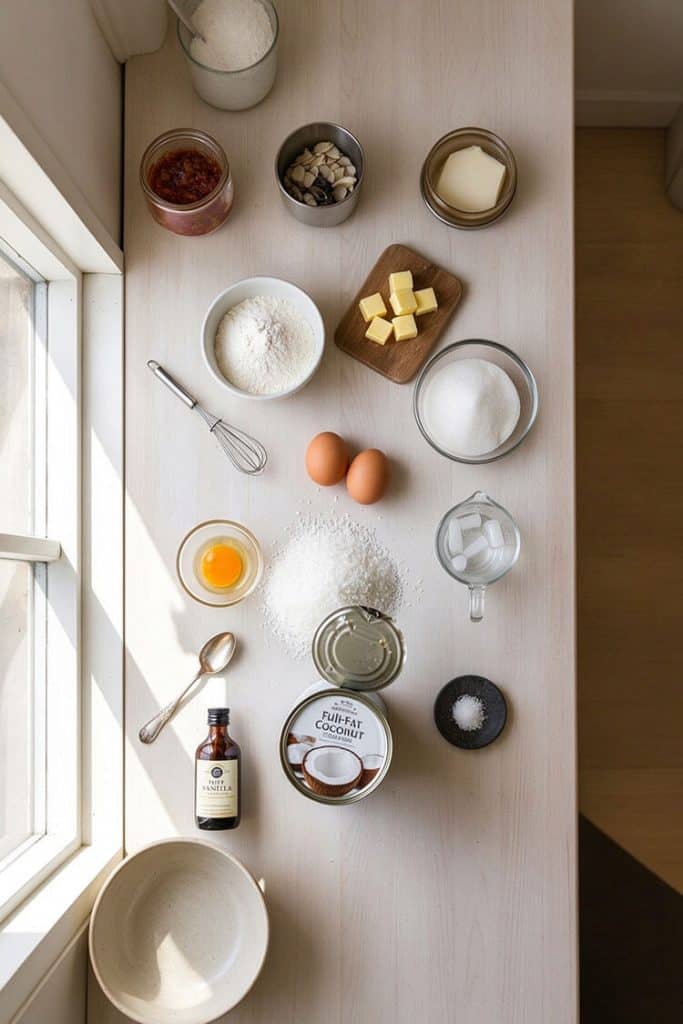 Flat lay of ingredients for coconut tarts including flour, cold butter cubes, eggs, coconut cream, and desiccated coconut.