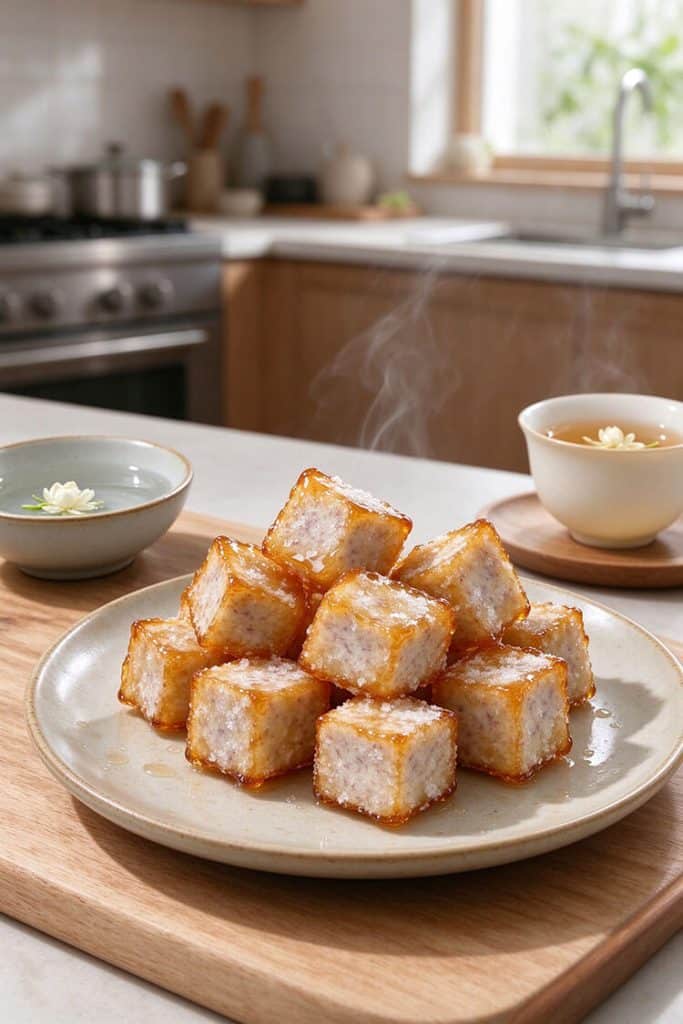 Sugar frosted fried taro cubes steaming on a plate served with a cold dipping water bowl and hot tea.