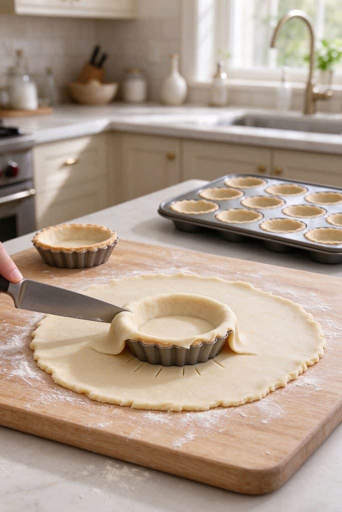 Trimming rolled pastry dough around a fluted metal tart tin with a knife on a wooden board.