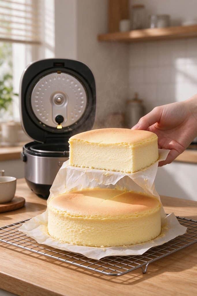 Lifting a thick slice of dense baked rice cooker cheesecake with parchment paper showing uniform creamy texture.