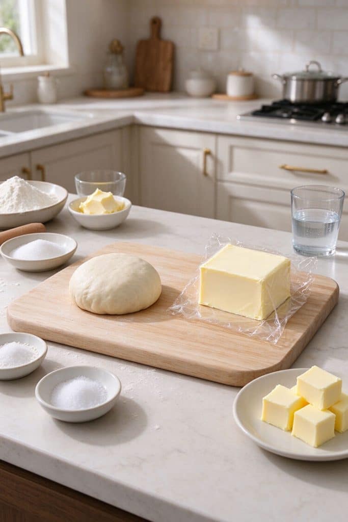 A smooth ball of water dough beside a chilled square butter block wrapped in plastic wrap on a wooden board.