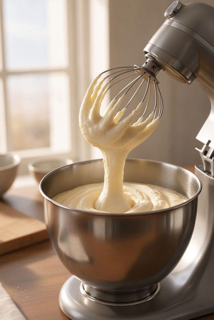 Stand mixer whisk attachment lifted from a stainless steel bowl showing thick, pale egg and caster sugar foam holding ribbon stage.