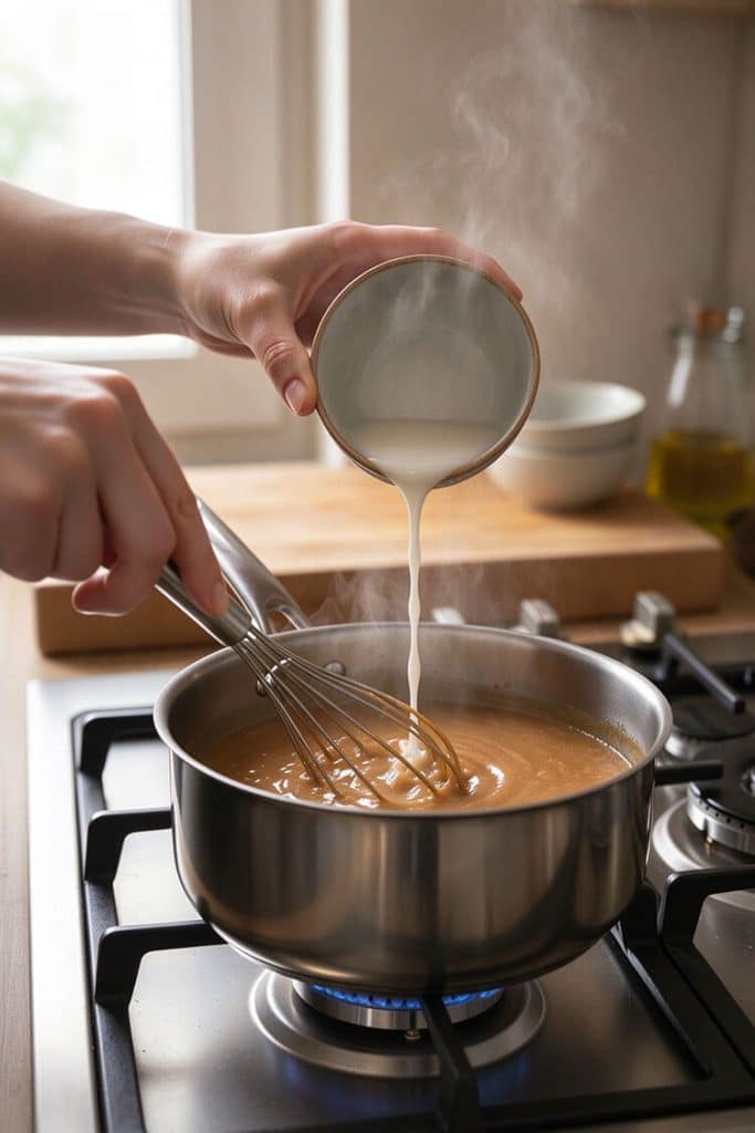 Whisking cornstarch slurry into simmering chicken stock, soy sauce, and oyster sauce in a stainless steel saucepan to create a glossy brown gravy.