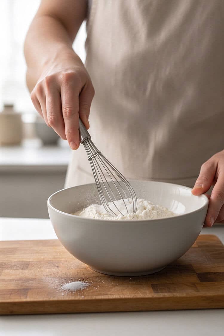 A person wearing a beige apron whisking cake flour, baking powder, sugar, and salt together in a white ceramic bowl on a wooden board