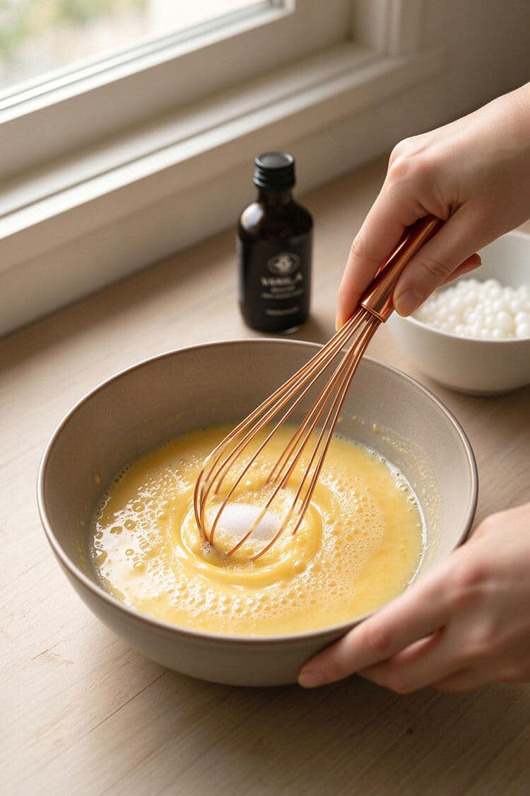 Pouring beaten eggs mixed with silverfish and chopped scallions from a ceramic bowl into a hot sizzling cast iron skillet.