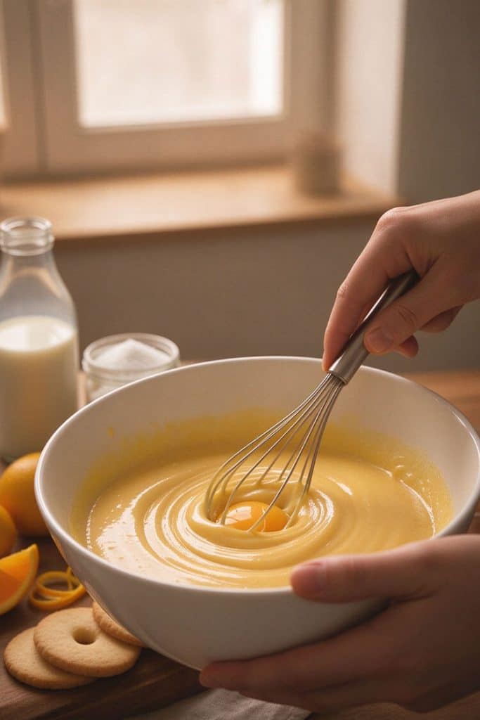 Whisking egg yolks, granulated sugar, and cornstarch together in a large white ceramic bowl until pale and thick. Pinterest Title: Step 2: Whisking the Egg Yolk Base