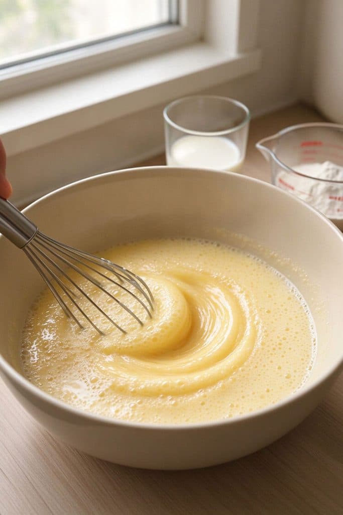 Whisking eggs, sugar, evaporated milk, and vanilla with a wire whisk in a mixing bowl until frothy and pale yellow.