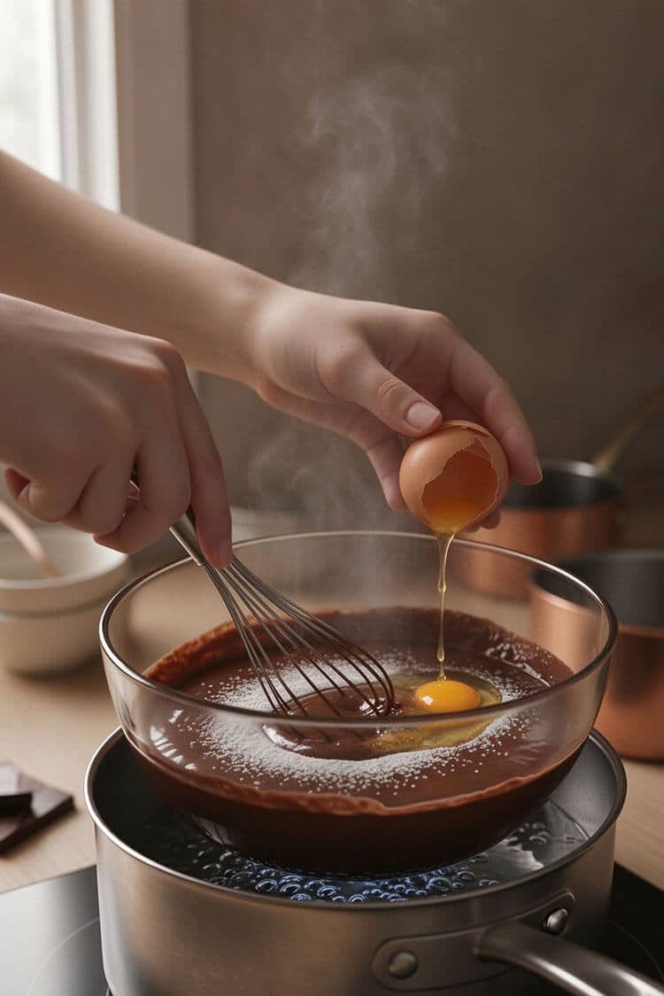 Hands cracking a whole egg into warm melted dark chocolate and powdered sugar with steam rising from a glass bowl, holding a wire whisk