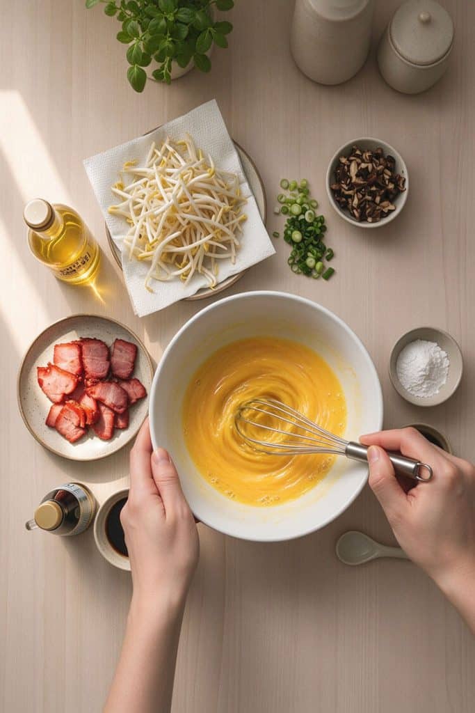 Whisking six eggs in a large white ceramic mixing bowl with a wire whisk surrounded by char siu pork, bean sprouts, and chopped scallions.